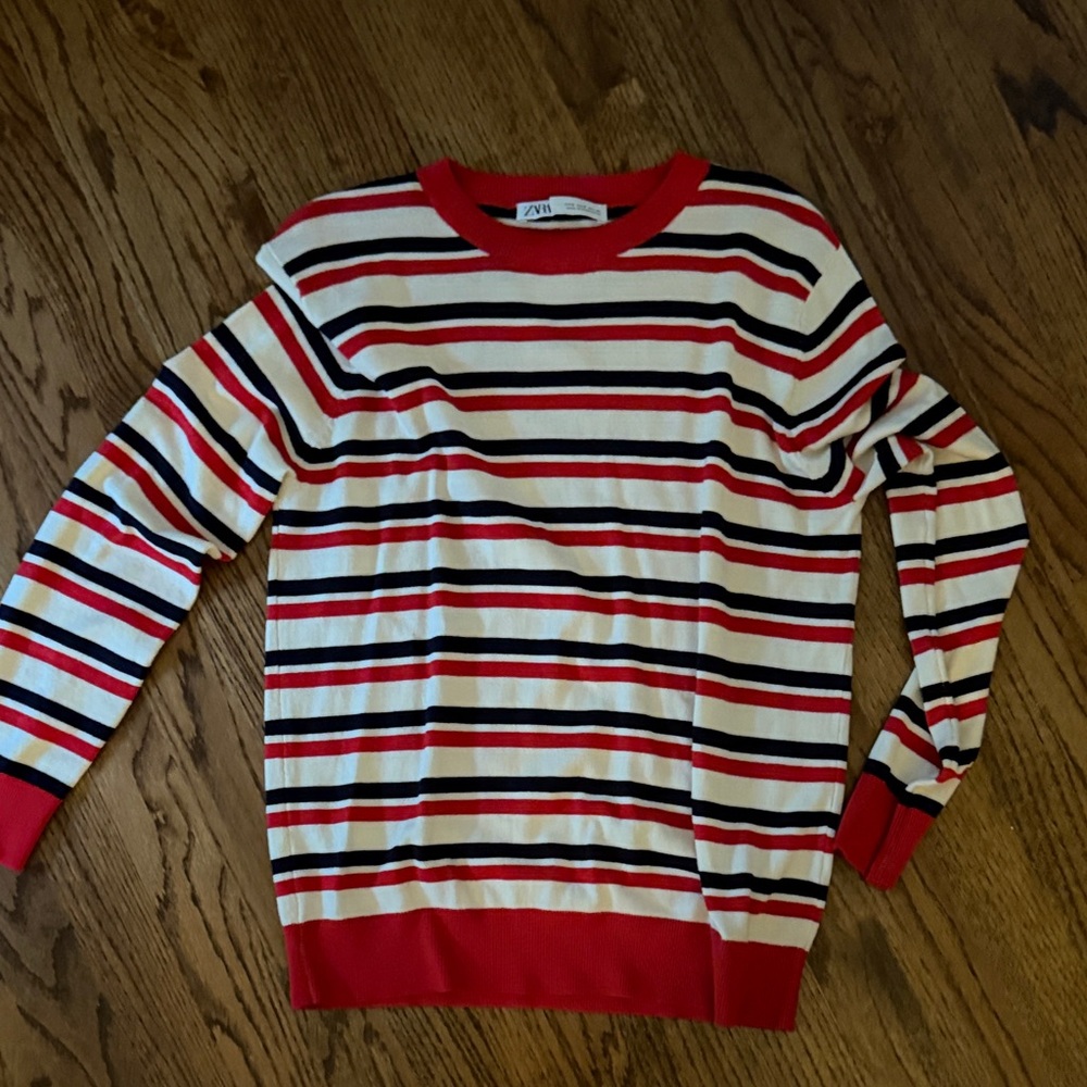 Zara Red and Black Striped Crewneck Sweater